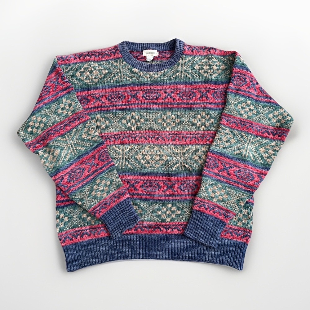 Vintage Y2K Tobruk Faire Isle Cotton Knit Crew Neck Sweater Mens XL USA Grampa